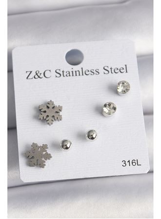 316L Çelik Gümüş Renk Zirkon Taşlı Kar Tanesi Model Kadın Küpe Seti