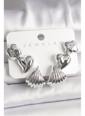 Gümüş Renk Yonca Kalp Deniz Kabuğu Figür CCB Kadın Küpe Seti