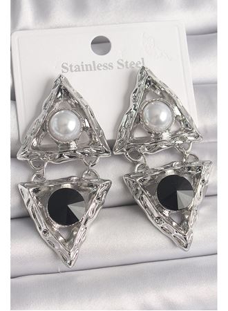 Pirinç Gümüş Renk Sallantı Üçgen Model İnci Detay Kadın Küpe