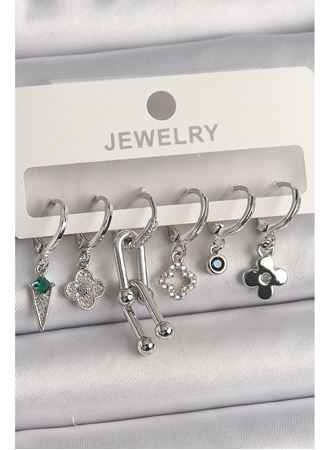 Pirinç Gümüş Renk Zirkon Taşlı Çoklu Figür Kadın Küpe Seti