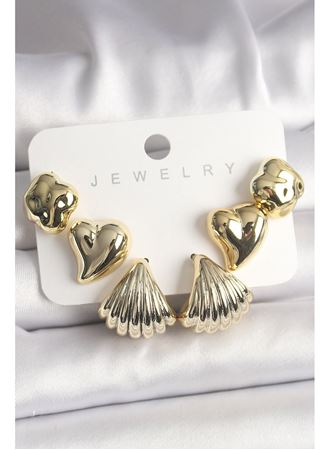 Gold Renk Yonca Kalp Deniz Kabuğu Figür CCB Kadın Küpe Seti