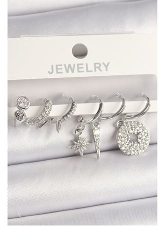 Pirinç Gümüş Renk Zirkon Taşlı Çoklu Figür Kadın Küpe Seti