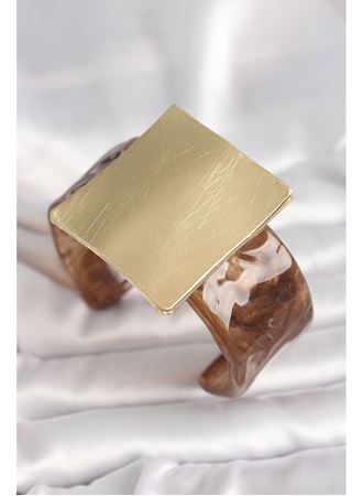Kahverengi Mermer Desen Akrilik Plastik Gold Kare Plaka Model Vintage Kadın Bilezik