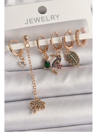 Pirinç Gold Renk Sallantı Zirkon Taşlı Ağaç Figür Kadın Küpe Seti