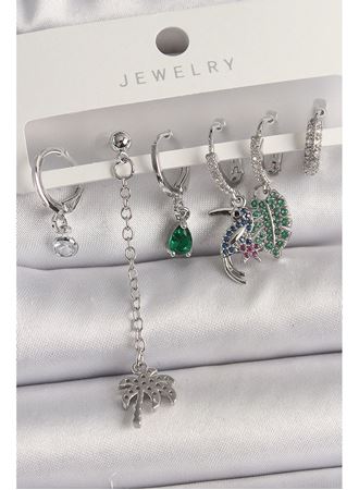 Pirinç Gümüş Renk Sallantı Zirkon Taşlı Ağaç Figür Çoklu Kadın Küpe Seti