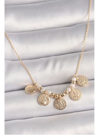 Pirinç Gold Renk 5'Li Osmanlı Tuğra Figür İnci Detay Kadın Kolye