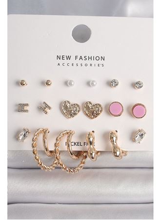 Pirinç Gold Renk Zirkon Taşlı Burug Halka Model İşlemeli Kalp Detay 9 Çift Kadın Küpe Seti