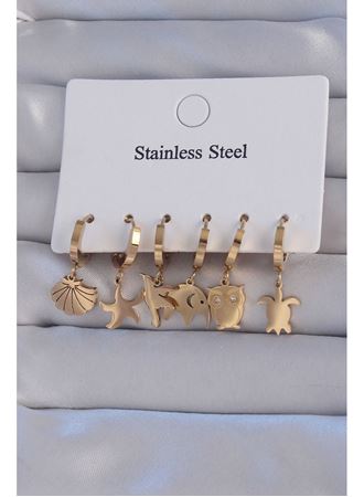 316L Çelik Gold Renk Zirkon Taşlı Hayvan Figürlü Deniz Yıldızı Model Halka Küpe Seti