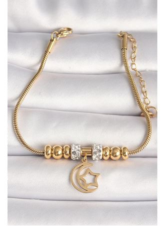 316L Çelik Gold Renk Tüp Zincir Zirkon Taş Detaylı Sallantı Ay Yıldız Figür Kadın Bileklik