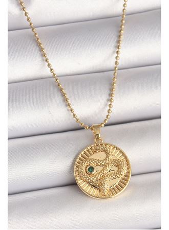 316L Çelik Gold Renk Topçuk Zincir Yılan İşlemeli Zirkon Taş Detaylı Madalyon Model Kadın Kolye