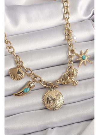 316L Çelik Gold Renk Zincir Sallantılı Çoklu Figür Model Kadın Kolye