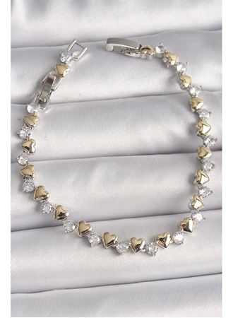 Pirinç Gümüş Renk Zirkon Taşlı Gold Kalpli VIP Seri Kadın Bileklik