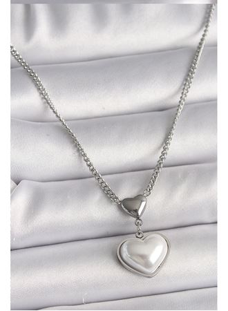 316L Çelik Gümüş Renk Zincir 3D Kalp Model Kadın Kolye