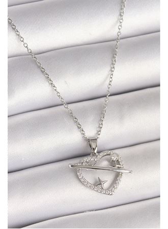 316L Çelik Gümüş Renk Zincir Zirkon Taşlı Kalp Model Yıldız Detay Kadın Kolye