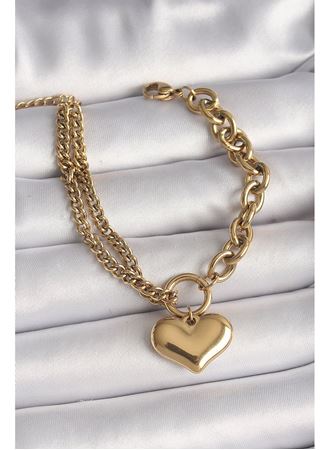 316L Çelik Gold Renk 2'Li Zincir Model Kalp Figür Kadın Bileklik