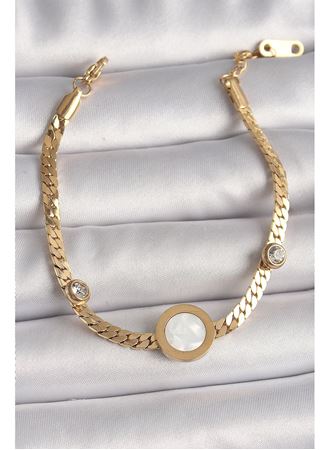 316L Çelik Gold Renk Yassı Zincir Model Zirkon Taş Detaylı Beyaz Mineli Madalyon Model Kadın Bileklik
