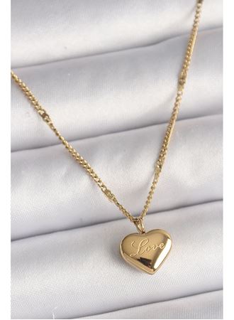 316L Çelik Gold Renk Zincir Love İşlemeli Kalp Figür Kadın Kolye