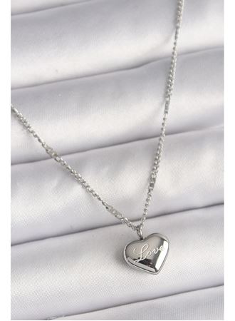 316L Çelik Gümüş Renk Zincir Love İşleme Kalp Figür Kadın Kolye
