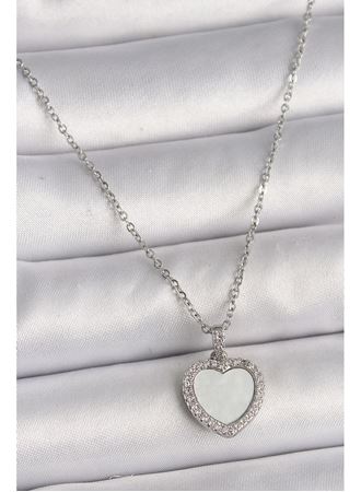 316L Çelik Gümüş Renk Zincir Zirkon Taşlı Beyaz Mineli Kalp Model Kadın Kolye