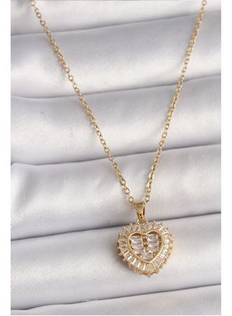 316L Çelik Gold Renk Zincir Zirkon Taşlı Kalp Model Kadın Kolye
