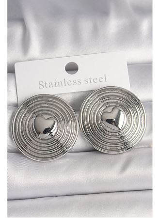 Pirinç Gümüş Renk Kalp İşlemeli Daire Plaka Model Kadın Küpe