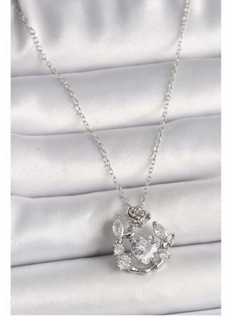 316L Çelik Gümüş Renk Zincir Zirkon Taşlı Kalp Figür Gül Detay Kadın Kolye