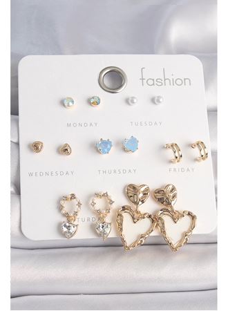 Pirinç Gold Renk Zirkon Taşlı Sallantı Beyaz Sedefli Kalp Model 7 Çift Kadın Küpe Seti