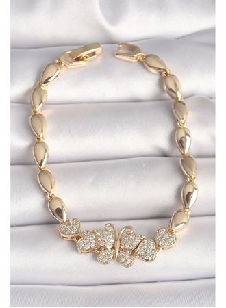 Pirinç Gold Renk Zirkon Taşlı Kelebek Figür Damla Zincir Model Kadın Bileklik