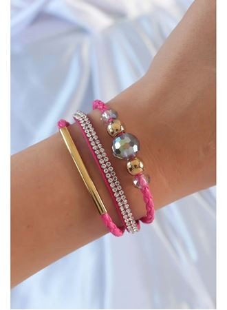 Pembe Renk Zirkon Taşlı Deri Çoklu Bileklik