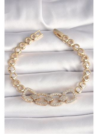 Pirinç Gold Renk Zirkon Taşlı Daire Zincir Model Kadın Bileklik