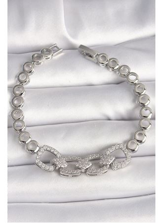 Pirinç Gümüş Renk Zirkon Taşlı Daire Zincir Model Kadın Bileklik