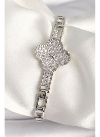 Pirinç Gümüş Renk Zirkon Taşlı Yonca Model Kadın Bileklik