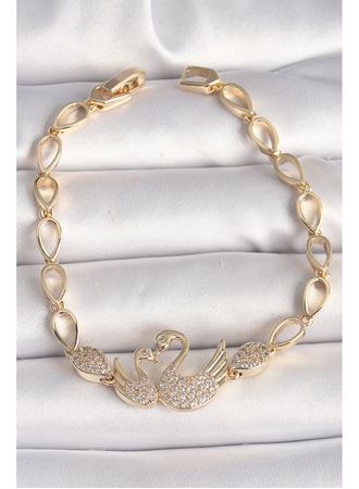 Pirinç Gold Renk Zirkon Taşlı Kuğu Figür Damla Zincir Model Kadın Bileklik