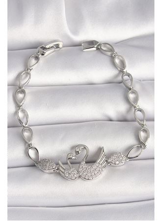 Pirinç Gümüş Renk Zirkon Taşlı Kuğu Figür Damla Zincir Model Kadın Bileklik