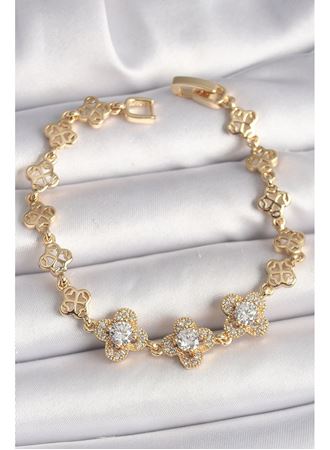 Pirinç Gold Renk Zirkon Taşlı Yonca Model Kadın Bileklik