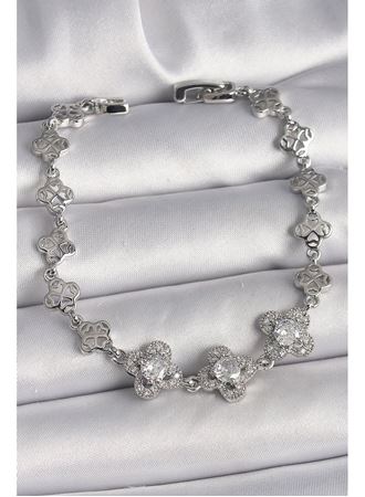 Pirinç Gümüş Renk Zirkon Taşlı Yonca Model Kadın Bileklik