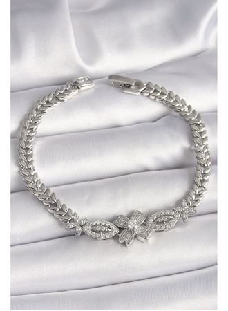 Pirinç Gümüş Renk Zirkon Taşlı Çiçek Figür Arpa Zincir Model Kadın Bileklik