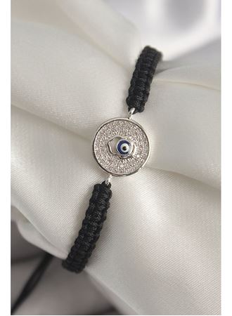 Pirinç Gümüş Renk Zirkon Taşlı Nazar Boncuk İşleme Makrome Asansörlü Model Kadın Bileklik