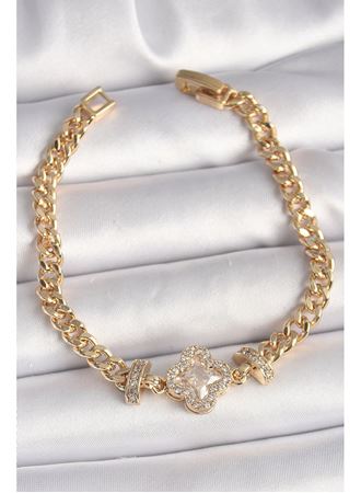 Pirinç Gold Renk Zirkon Taşlı Yonca Figür Zincir Model Kadın Bileklik