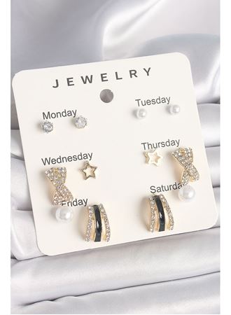 Pirinç Gold Renk Zirkon Taş Yıldız Detaylı İncili 7'Li Set Kadın Küpe Seti