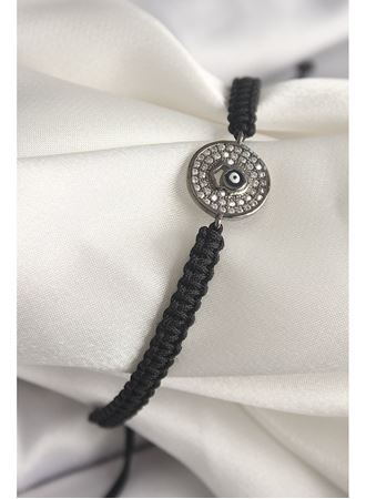 Pirinç Füme Renk Zirkon Taşlı Nazar Boncuk İşleme Makrome Asansörlü Model Kadın Bileklik