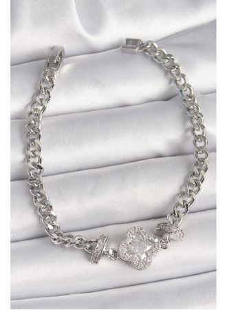 Pirinç Gümüş Renk Zirkon Taşlı Yonca Figür Zincir Model Kadın Bileklik