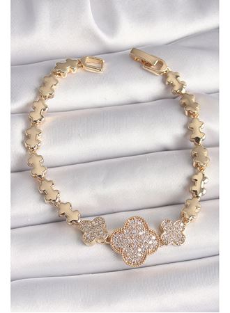 Pirinç Gold Renk Zirkon Taşlı Yonca Model Zincir Kadın Bileklik