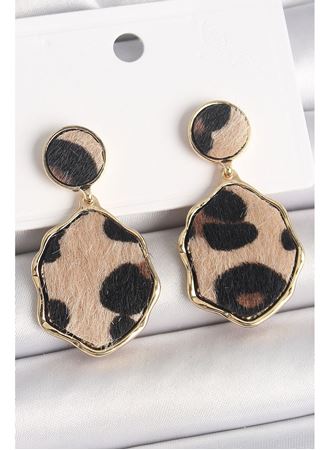 Pirinç Gold Renk Sallantı Leopar Desen Plaka Model Kadın Küpe