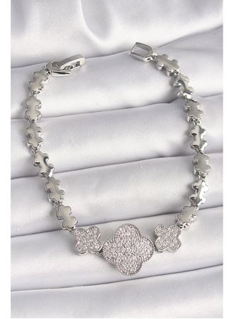 Pirinç Gümüş Renk Zirkon Taşlı Yonca Model Zincir Model Kadın Bileklik