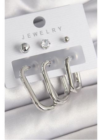 Pirinç Gümüş Renk Halka Model Zirkon Taşlı Topçuk Detay Kadın Küpe Seti