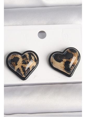 Pirinç Siyah Renk Leopar Desen 3D Kalp Model Kadın Küpe