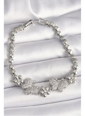 Pirinç Gümüş Renk Zirkon Taşlı Kelebek Figür Çiçek Zincir Model Kadın Bileklik