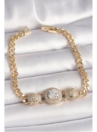 Pirinç Gold Renk Zirkon Taşlı Leopar Figür Zincir Model Kadın Bileklik
