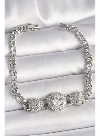 Pirinç Gümüş Renk Zirkon Taşlı Leopar Figür Zincir Model Kadın Bileklik